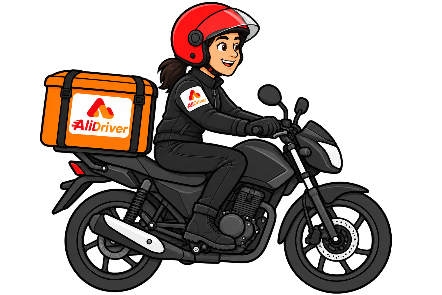 Motorizada de AliDriver con casaca negra, lista para su próxima ruta