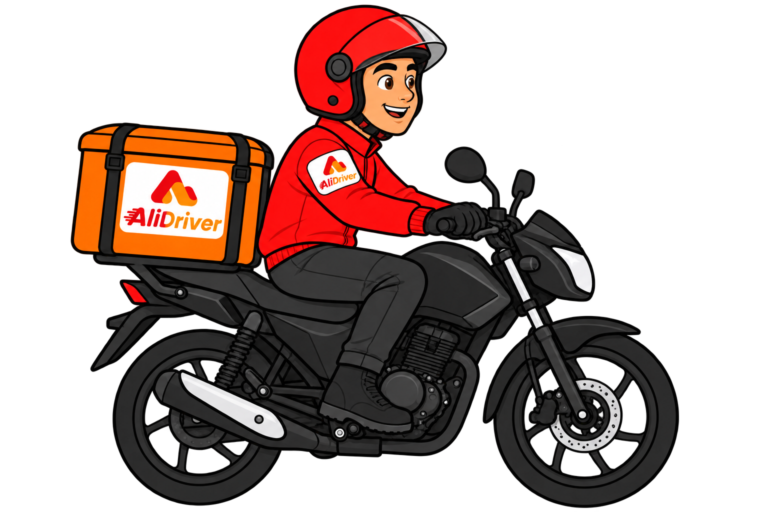 Motorizado en caricatura 2D con el logo AliDriver en la chaqueta y la caja de reparto