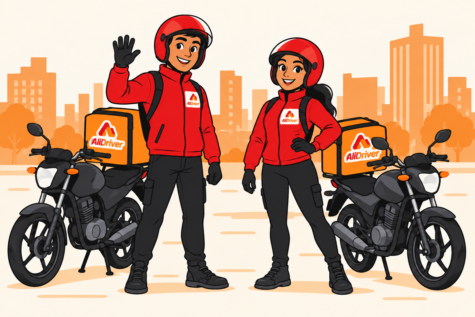 Dos motorizados en caricatura 2D con el logo AliDriver en sus chaquetas y cajas de reparto